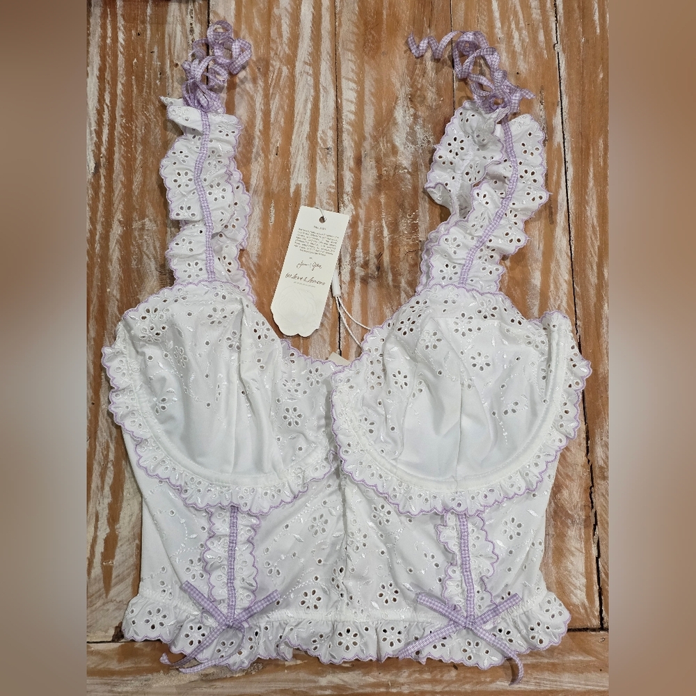 NWT For Love & Lemons Swirl Eyelet Corset Crop Top‎ White Lavender 38D - Picture 4 of 7